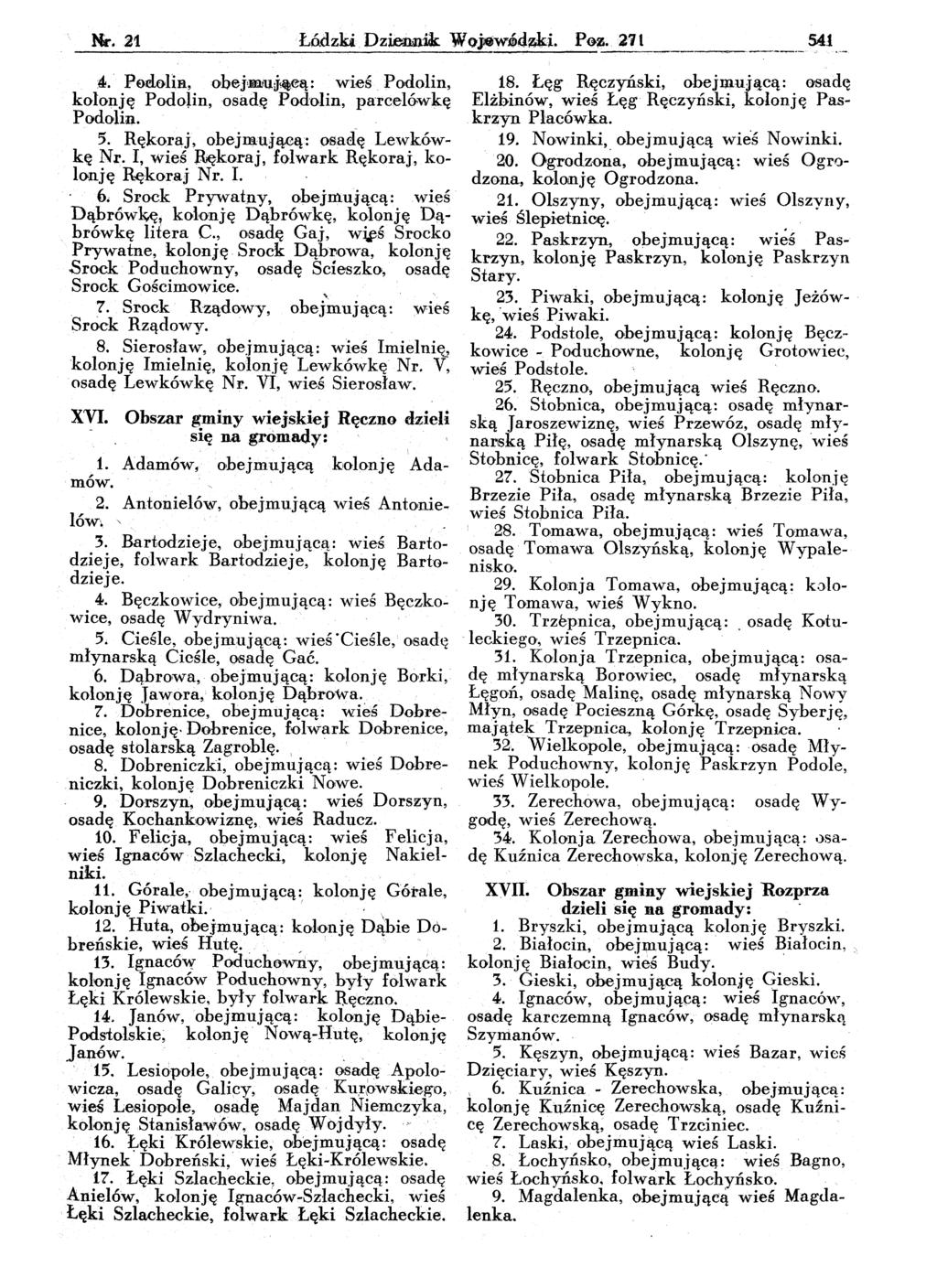 Nr. 21 Łó.dzki Dziennik W ().Few16d~i. P0~.21 t 54.1 :4. PeaoliB, obejm.!u~~,eą: wieś Podolin, kolonję Podolin, osadę P odolin, parcel&wkę Podolin. 5. Rękoraj, obejmującą: osadę Lew"k6wkę Nr.