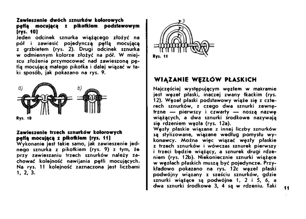 Zawieszenie dwóch sznurków kolorowych pętlą mocującą z pikotkiem podstawowym (rys. 10) Jeden odcinek sznurka wiążącego złożyć na pół i zawiesić pojedynczą pętlą mocującą z grzbietem (rys. 2).