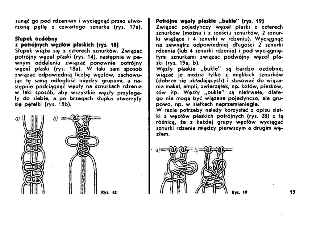 sunąć go pod rdzeniem i wyciągnąć przez utworzoną pętlę z czwartego sznurka (rys. 17a). Słupek ozdobny z potrójnych węzłów płaskich (rys. 18) Słupek wiąże się z czterech sznurków.