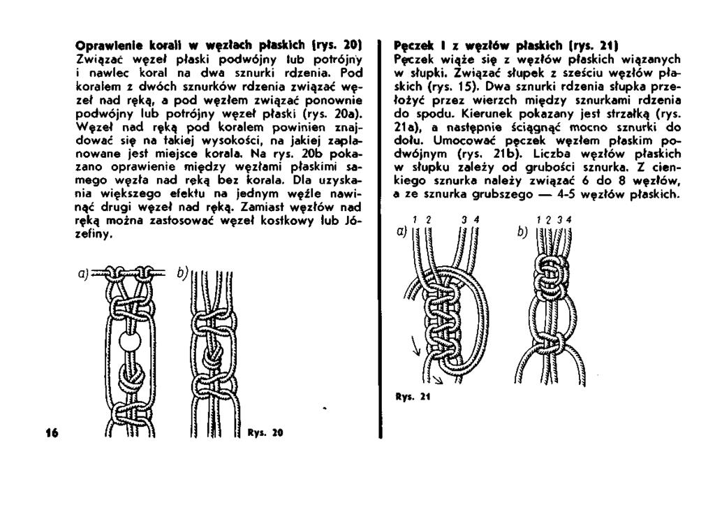Oprawienie korali w węzłach płaskich (rys. 20) Związać węzeł płaski podwójny lub potrójny i nawlec koral na dwa sznurki rdzenia.