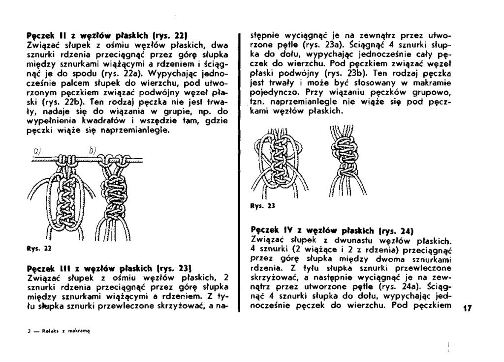 Pęczek II z węzłów płaskich (rys. 22) Związać słupek z ośmiu węzłów płaskich, dwa sznurki rdzenia przeciągnąć przez górę słupka między sznurkami wiążącymi a rdzeniem i ściągnąć je do spodu (rys. 22a).