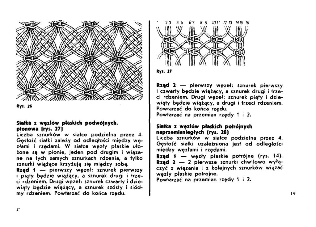 2 3 4 5 6 7 8 9 1011 12 13 1415 16 Rys. 27 Siatka z węzłów płaskich podwójnych, pionowa (rys. 27) Liczba sznurków w siatce podzielna przez 4.