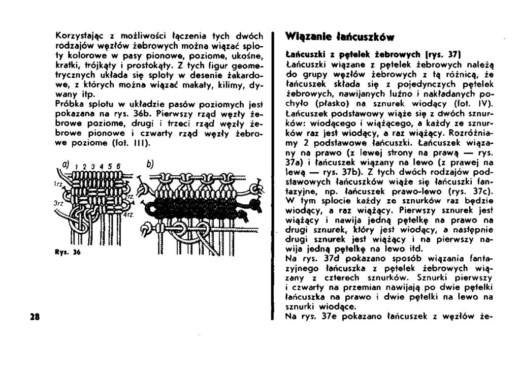 28 Korzystając z możliwości łączenia tych dwóch rodzajów węzłów żebrowych można wiązać sploty kolorowe w pasy pionowe, poziome, ukośne, kratki, trójkąty i prostokąty.