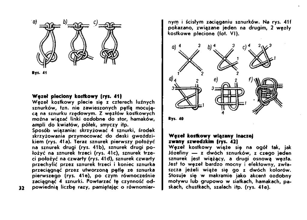 nym i ścisłym zaciąganiu sznurków. Na rys. 41 f pokazano, związane jeden na drugim, 2 węzły kostkowe plecione (fot. VI). Rys. 41 Węzeł pleciony kostkowy (rys.