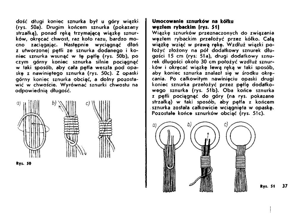 dość długi koniec sznurka był u góry wiązki (rys. 50a). Drugim końcem sznurka (pokazany strzałką), ponad ręką trzymającą wiązkę sznurków, okręcać chwost, raz koło razu, bardzo mocno zaciągając.