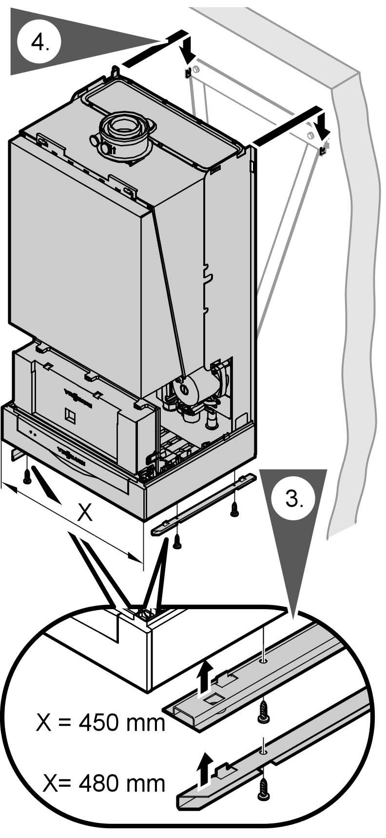 Wskazówki montażowe (ciąg dalszy) 3. Przykręcić szyny mocujące do spodniej ściany kotła grzewczego. 4.