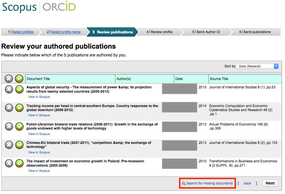 3. Review publications Z listy publikacji należy wybrać swoje prace. Po dokonaniu wyboru publikacji należy kliknąć Next.