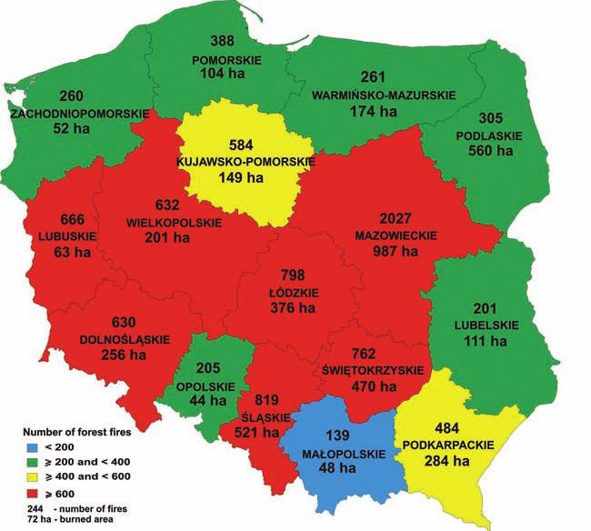 Pożary lasu w Polsce a lipcu 2%. Łączna liczba pożarów wczesną wiosną (kwiecień maj) była wyraźnie wyższa (79%) od ubiegłego roku (24%) i średniej wieloletniej (40%) z okresu 2001 2005 r.