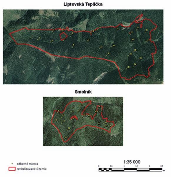 Variabilita množstva dolomitického vápenca aplikovaného vrtuľníkom SM to bolo od 620 do 945 m n. m. Na oboch územiach je celkové prevýšenie porovnateľné (307 v prípade LT a 325 v prípade SM).
