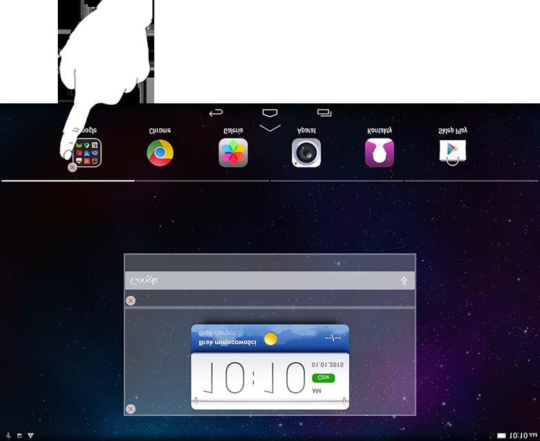 Przełączanie ekranów głównych Tablet ma wiele pulpitów. Przemieszczaj się pomiędzy ekranami, przesuwając palcem w poprzek wyświetlacza. Ikony można przenosić pomiędzy panelami.