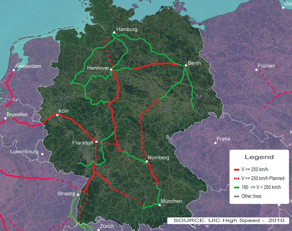 Rys. 7. Obecne i planowane linie dużej prędkości w Niemczech Źr.