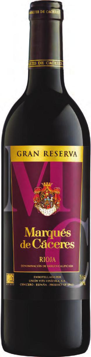 Marques de Caceres Gran Reserva 75 cl 196 zł leżakuje w dębowych beczkach owoce leśne nuta dębu Chorizo Foie gras Dziczyzna Sery Kraj: Hiszpania Region: Rioja Apelacja: Rioja DOCa Winogrona: