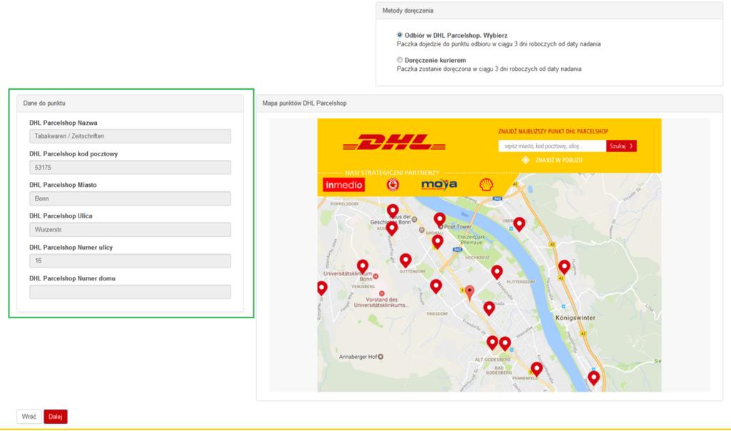 Nowa przesyłka - Krok 2/3 Dane adresowe wybranego punktu odbioru automatycznie zapiszą się