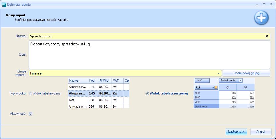 Rysunek 8. Definicja raportu w oparciu o Widok tabeli przestaw nej W kolejnym kroku należy wprowadzić odpowiednie zapytanie SQL.