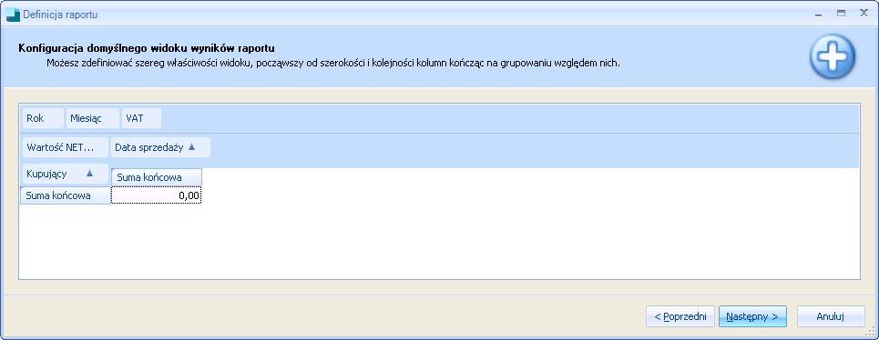 "VAT", EXTRACT(YEAR from sold_date) as "Rok", EXTRACT(MONTH from sold_date) as "Miesiąc" from fin_docum W ramach okna Konfiguracja domyślnego widoku wyników raportu określić można jakie dane