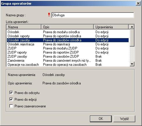 Modyfikuj pozwala ustalać prawa dla Grupy operatorów. Rysunek 36.
