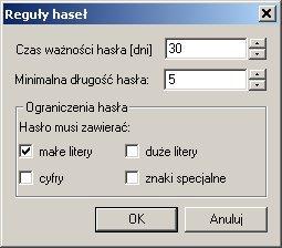 Prowadzenie rejestru operatorów Str. 39 Reguły haseł Klawisz funkcyjny Reguły haseł w oknie dialogowym Zarządzanie operatorami i połączeniami do baz danych uruchamia procedurę zarządzania hasłami.