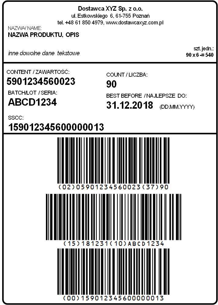 Etykieta logistyczna GS1 w dostawach do AUCHAN RETAIL POLSKA (02) Globalny Numer Jednostki Handlowej (GTIN) zawartej w jednostce logistycznej, (37) Liczba jednostek handlowych zawartych w jednostce