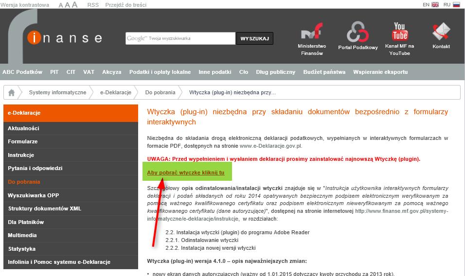Rys. 1 Strona internetowa Ministerstwa Finansów wskazany link do pobrania / uruchomienia instalatora Wtyczka e-deklaracje.