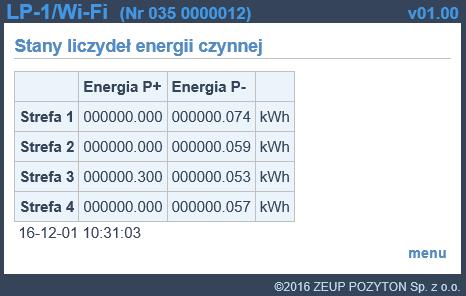 Strona Stany liczydeł energii bezstrefowej Po wejściu na stronę Stany liczydeł energii czynnej w strefach wyświetlona zostanie strona przedstawiona na rys.98.