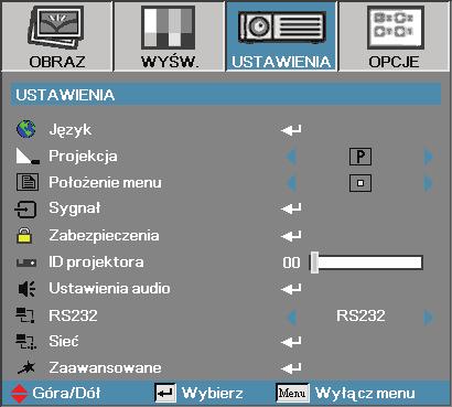 Elementy sterowania użytkownika USTAWIENIA Sygnał Przejdź do menu Zaawansowane. Ustaw właściwości sygnałów projektora. Więcej informacji znajdziesz na str. 35.