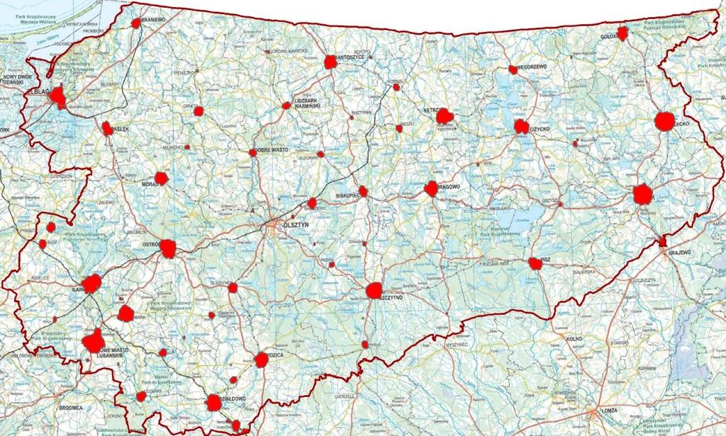 Poniżej przedstawiono w formie graficznej zasięg obszarów przekroczeń ww. zanieczyszczeń w obrębie strefy warmińsko-mazurskiej. Rysunek 3.