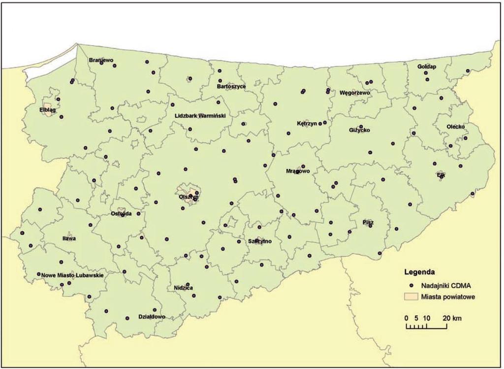 Poniżej przedstawiono w formie graficzne lokalizację nadajników CDMA, LTE, UMTS oraz GSM na terenie całego województwa warmińsko-mazurskiego. Rysunek 7.