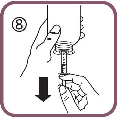 - Pociągnąć tłoczek w dół do miejsca na podziałce strzykawki odpowiadającego zaleconej przez lekarza dawce w mililitrach (ml) (rysunek 8) - Odwrócić butelkę (rysunek 9).