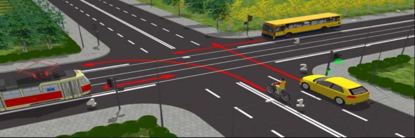 Na tym skrzyżowaniu z ruchem okrężnym (rondo) kierując rowerem: B- ustępujesz pierwszeństwa kierującemu tramwajem i kierującemu