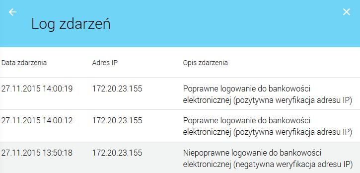 4.1.4 Log zdarzeń W opcji Log zdarzeń prezentowane jest 10 ostatnich zdarzeń logowania użytkownika w systemie, posortowanych malejąco po dacie zdarzenia.