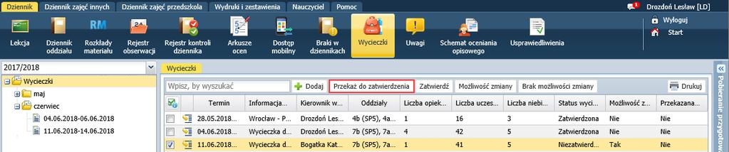 Powiadomienie wysyła kierownik wycieczki, a otrzymuje dyrektor. Inne zmiany w systemie 1.