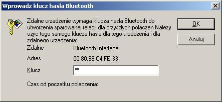 Jeśli urządzenie nie było wcześniej parowane pojawi się komunikat z prośbą o podanie klucza. Należy wpisać bt i wcisnąć przycisk OK. 4.