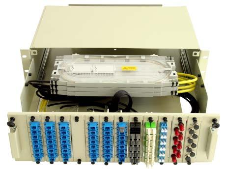 kasety KSP12 lub KSP24 wg zamówienia w wyposażeniu standardowym oznaczniki włókien i kabli oraz  OPDU/3U panele 19 /3U z listwą czołową uniwersalną do