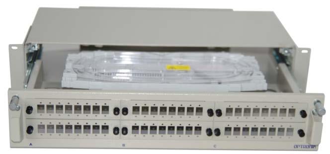 OPDP/1U przełącznice 24-36 portów; panele czołowe 24-otworowe typu FC-ST lub SC-E2 (w opcjach zamek patentowy i półka na patchcordy); panele