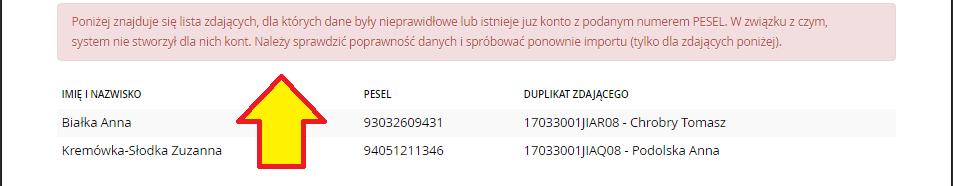 q. W przypadku kiedy nie wszystkie dane zostaną zaimportowane poprawnie, zostanie wyświetlona informacja o liczbie nieprawidłowości i ich przyczynach (jak na poniższym rysunku) r.