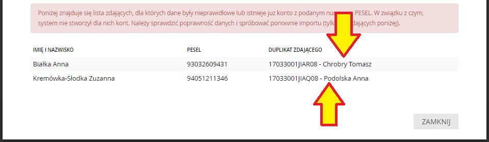 s. W celu analizy błędu, wybrać prawym przyciskiem duplikat zdającego i z menu podręcznego wybrać Otwórz w nowej karcie aby uzyskać szczegółowe informacje o błędzie danych.