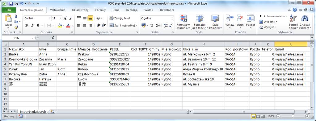 Nazwisko Imie Drugie_Imie Miejsce_Urodzenia PESEL Kod_TERYT_Gminy Miejscowosc Ulica_i_nr Kod_pocztowy Poczta Telefon Email Pyszałek Jan Poznań 36071218819 1428062 Rybno ul. Bajkowa 1 m.
