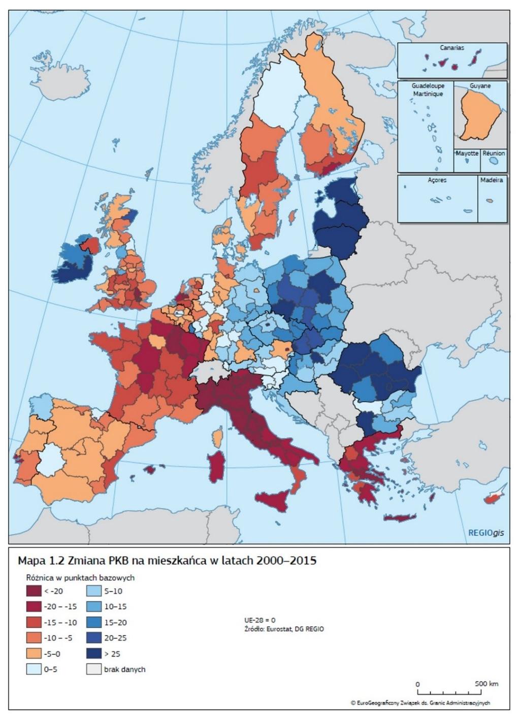 Stan rozwoju Unii Europejskiej w układzie NUTS 2 według 7 raportu spójności Województwa dolnośląskie i mazowieckie to regiony o jednych z najwyższych wzrostów PKB per capita Układ NUTS 2 nie pokazuje