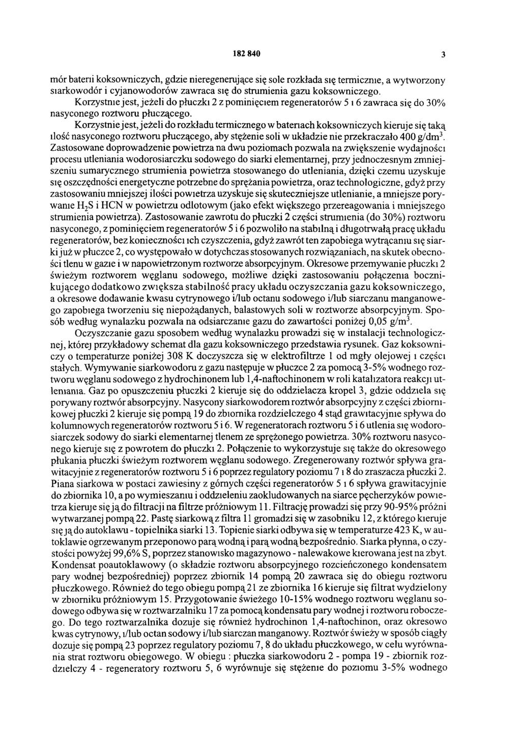 182 840 3 mór baterii koksowniczych, gdzie nieregenerujące się sole rozkłada się termicznie, a wytworzony siarkowodór i cyjanowodorów zawraca się do strumienia gazu koksowniczego.