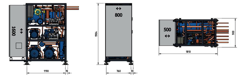 częściach na miejscu Minimalna wymagana powierzchnia do ustawienia kompaktowe wymiary Warianty ustawienia Wewnątrz bez szafy sterowniczej bez izolacji akustycznej Wnętrze bez