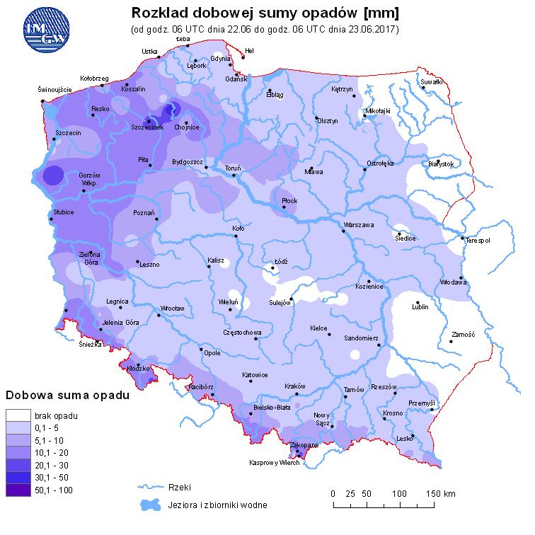 Ryc. 2. Rozkład dobowej sumy opadów OPIS SYTUACJI HYDROLOGICZNEJ z godz. 14:00 (cz. urzędowego) Dorzecze Wisły Stan wody w dorzeczu Wisły układa się głównie w strefie wody niskiej i średniej.