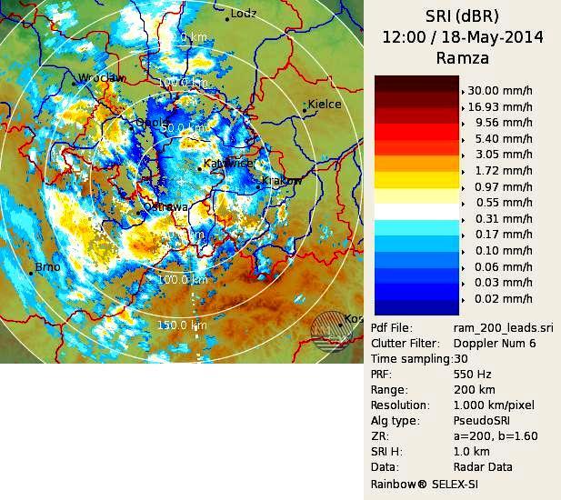 Rys.3. Mapa horyzontalnego rozkładu natężenia opadu deszczu [6] Rys. 4. Mapa horyzontalnego rozkładu sumy opadu deszczu w czasie 50min [6] 3.