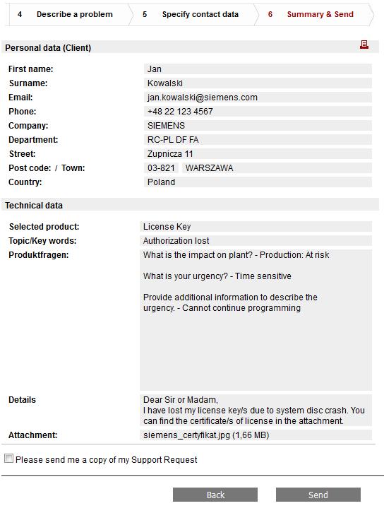 Krok 6 Jest to podsumowanie poprzednich kroków: dane personalne oraz zamieszczony opis problemu wraz z załącznikiem. Jeśli wyświetlone dane są poprawne, wciśnij przycisk Send w celu ich wysłania.