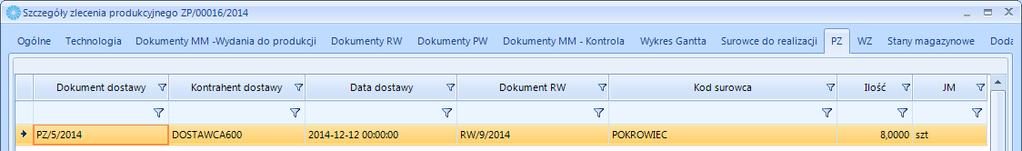 Zlecenia Produkcyjnego, na zakładce PZ pojawia się informacja o dokumentach