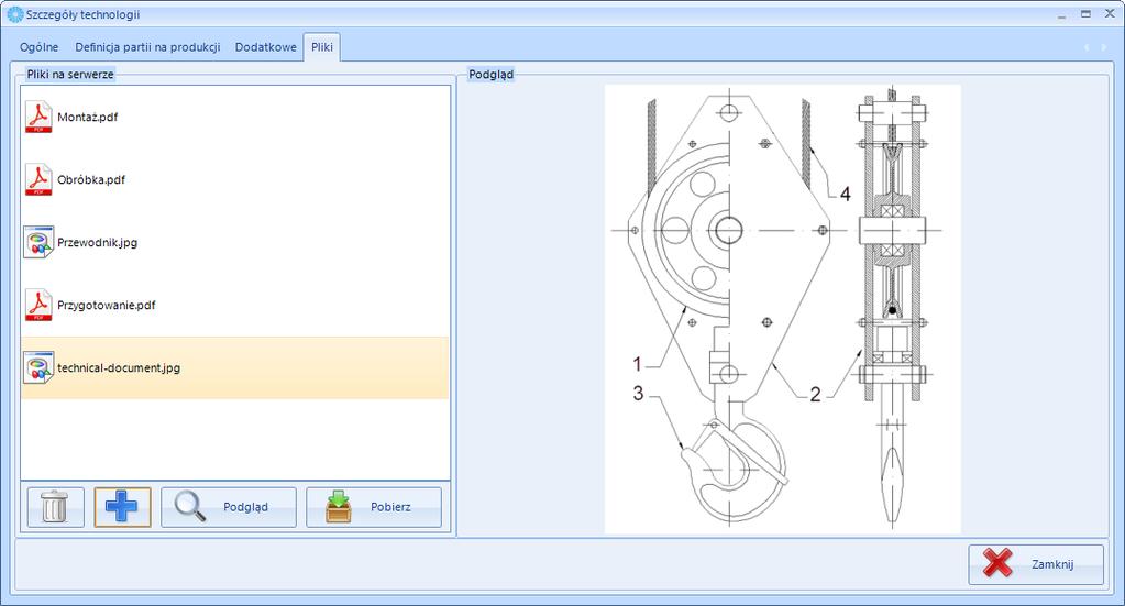 8.4.2. Załączniki Na zakładce Pliki można dodać do technologii dowolne załączniki: W celu dodania nowego załącznika należy kliknąć ikonę plusa.