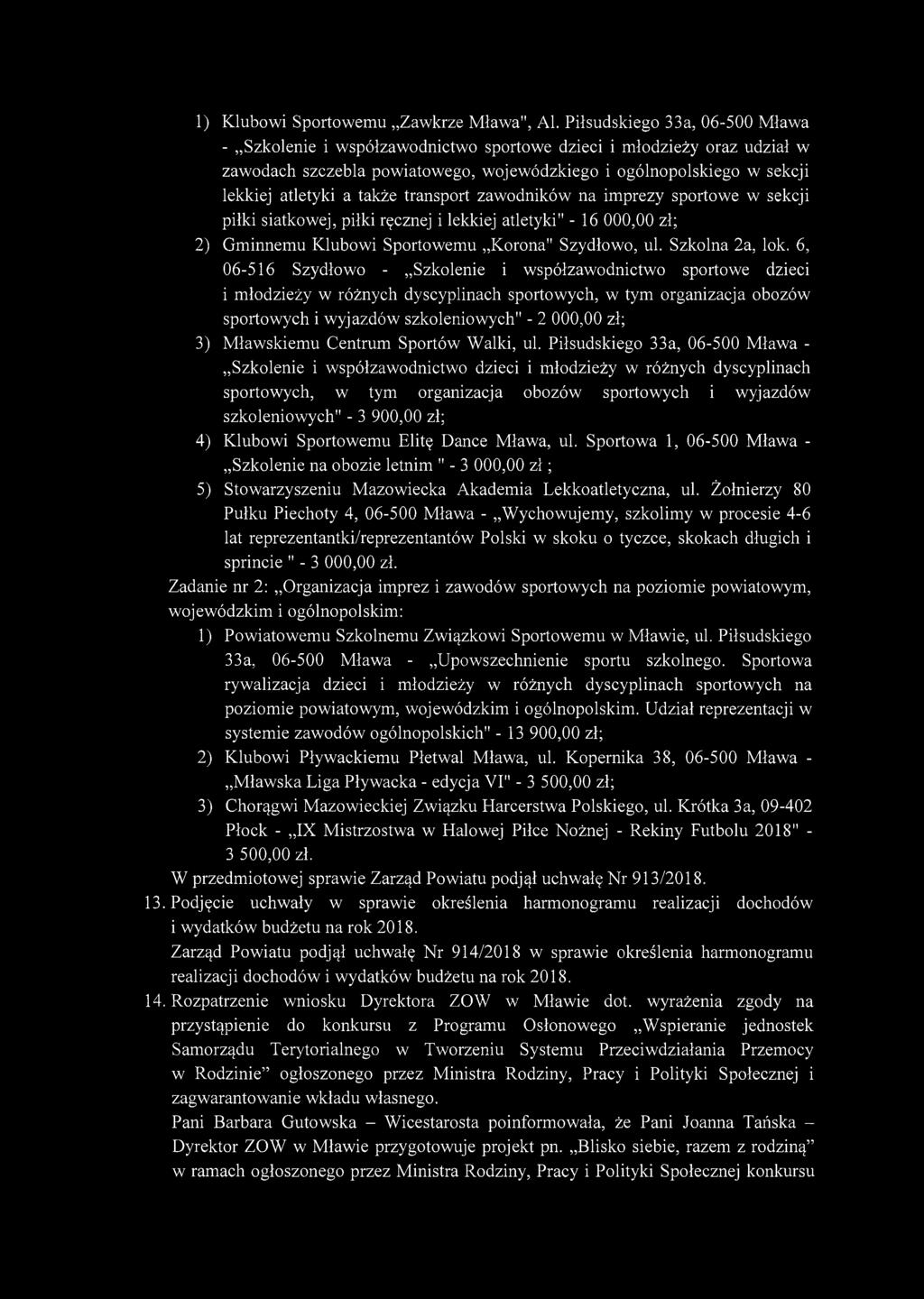 1) Klubowi Sportowemu Zawkrze Mława", Al.