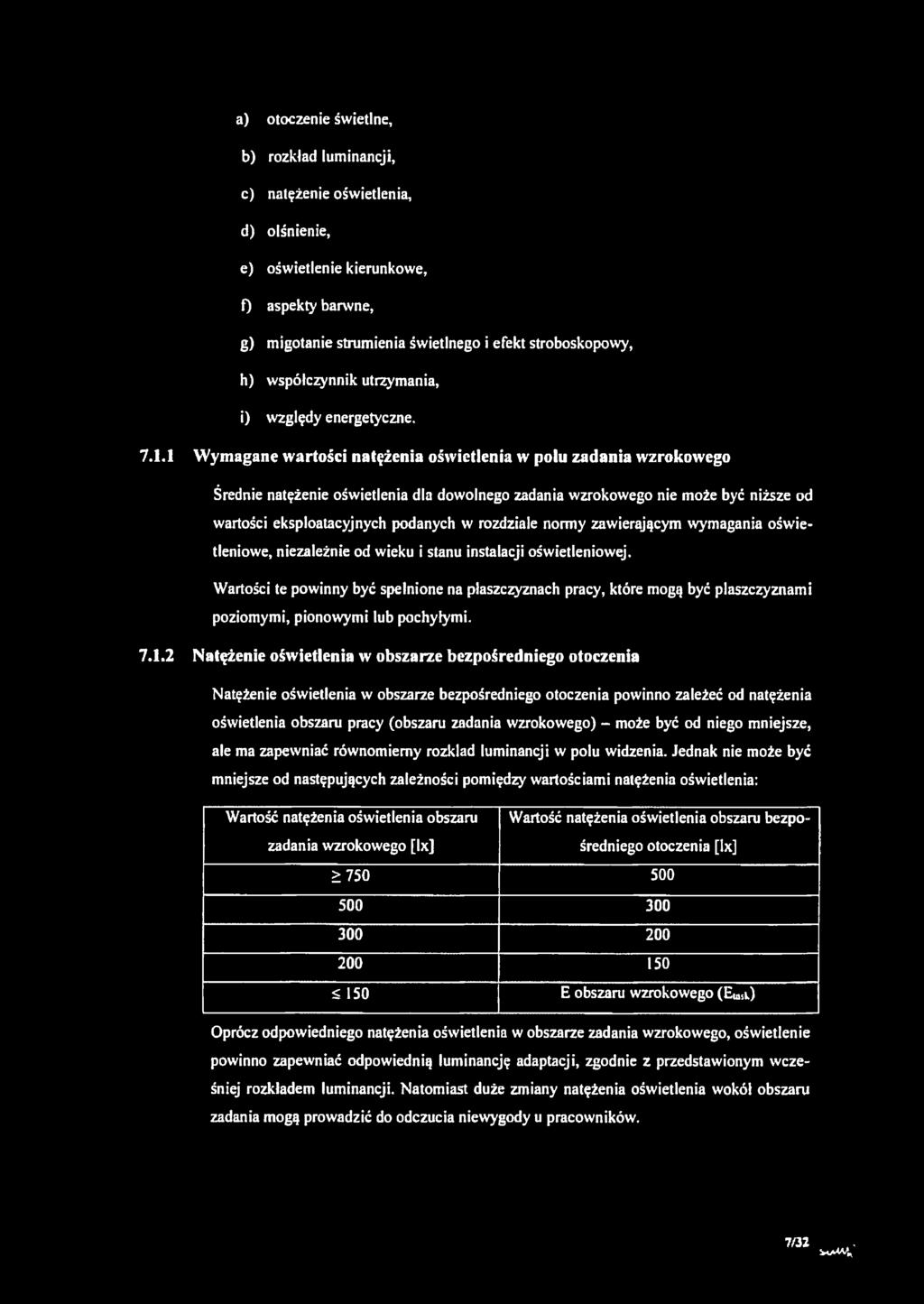 1 Wymagane wartości natężenia oświetlenia w polu zadania wzrokowego Średnie natężenie oświetlenia dla dowolnego zadania wzrokowego nie może być niższe od wartości eksploatacyjnych podanych w