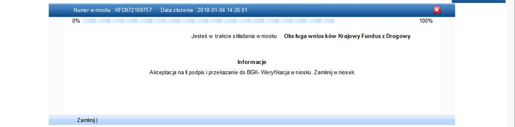 Na ekranie głównym w obszarze Wnioski, Wniosek pojawia się ze statusem Podpis II. 8. Użytkownik uprawniony do profilu KFD / PZ Podpis II podejmuje wniosek ze statusem Podpis II, przy użyciu przycisku.