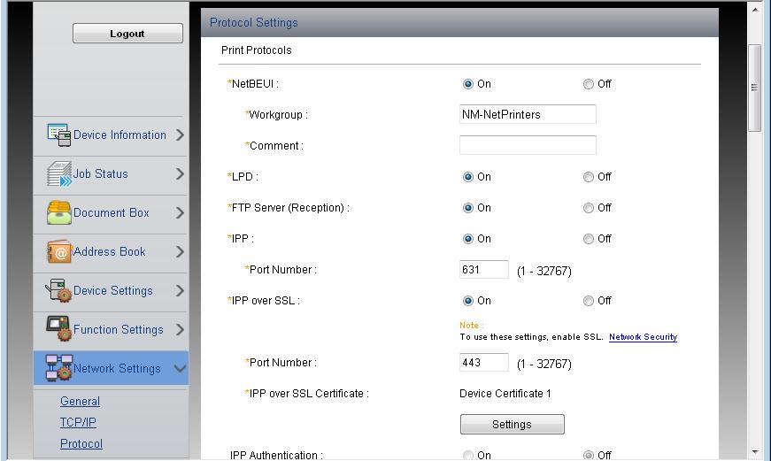 Instalacja i konfiguracja urządzenia > Embedded Web Server RX Konfigurowanie ustawień SMTP i poczty e-mail Dzięki konfiguracji ustawień SMTP można przesyłać obrazy zeskanowane za pomocą urządzenia