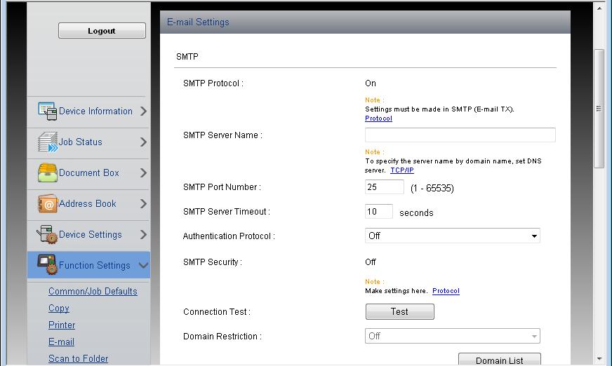 W obszarze Send Protocols ustaw opcję SMTP (E-mail TX) na [On].